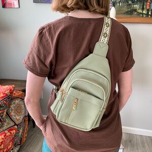 Sage Green Vinyl Boho Crossbody Sling Bag with Earbud Access